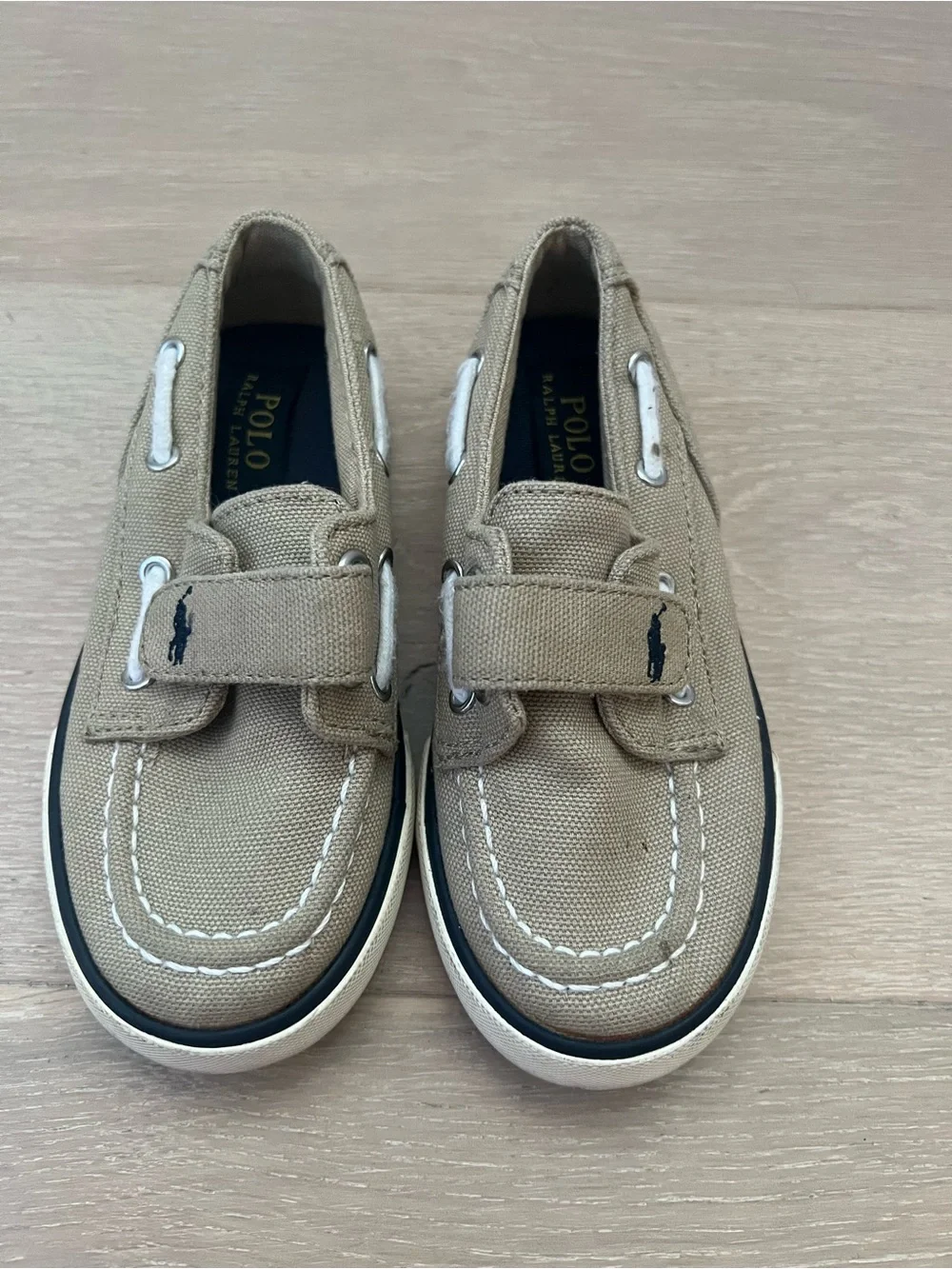 Polo by Ralph Lauren Kids Tan Canvas Moccasins with Navy Trim